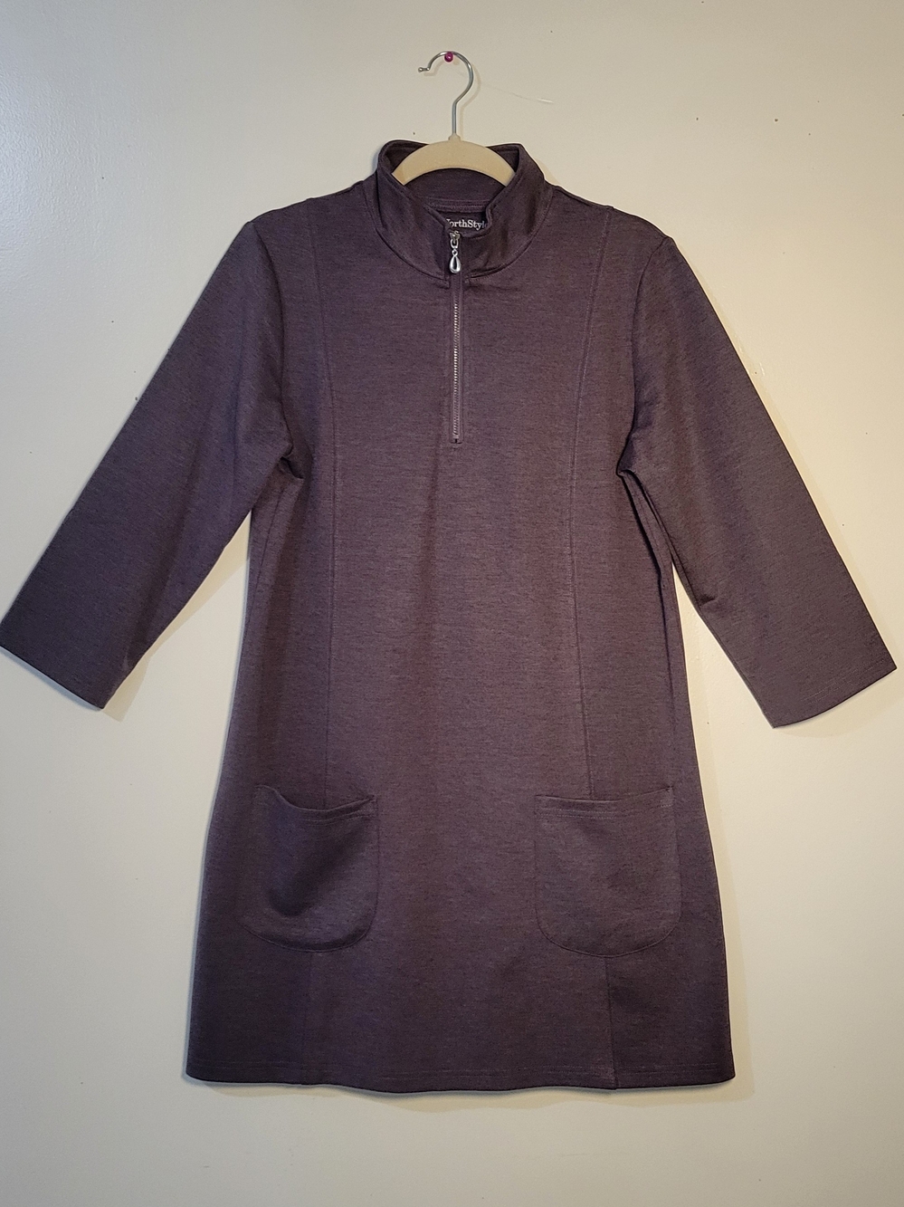 NorthStyle (Women's M) Plum Purple Ponte Knit Zip-Neck 3/4 Sleeve Tunic Top